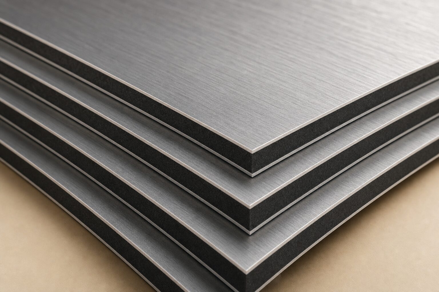 Brushed aluminum composite panels stacked on edge.