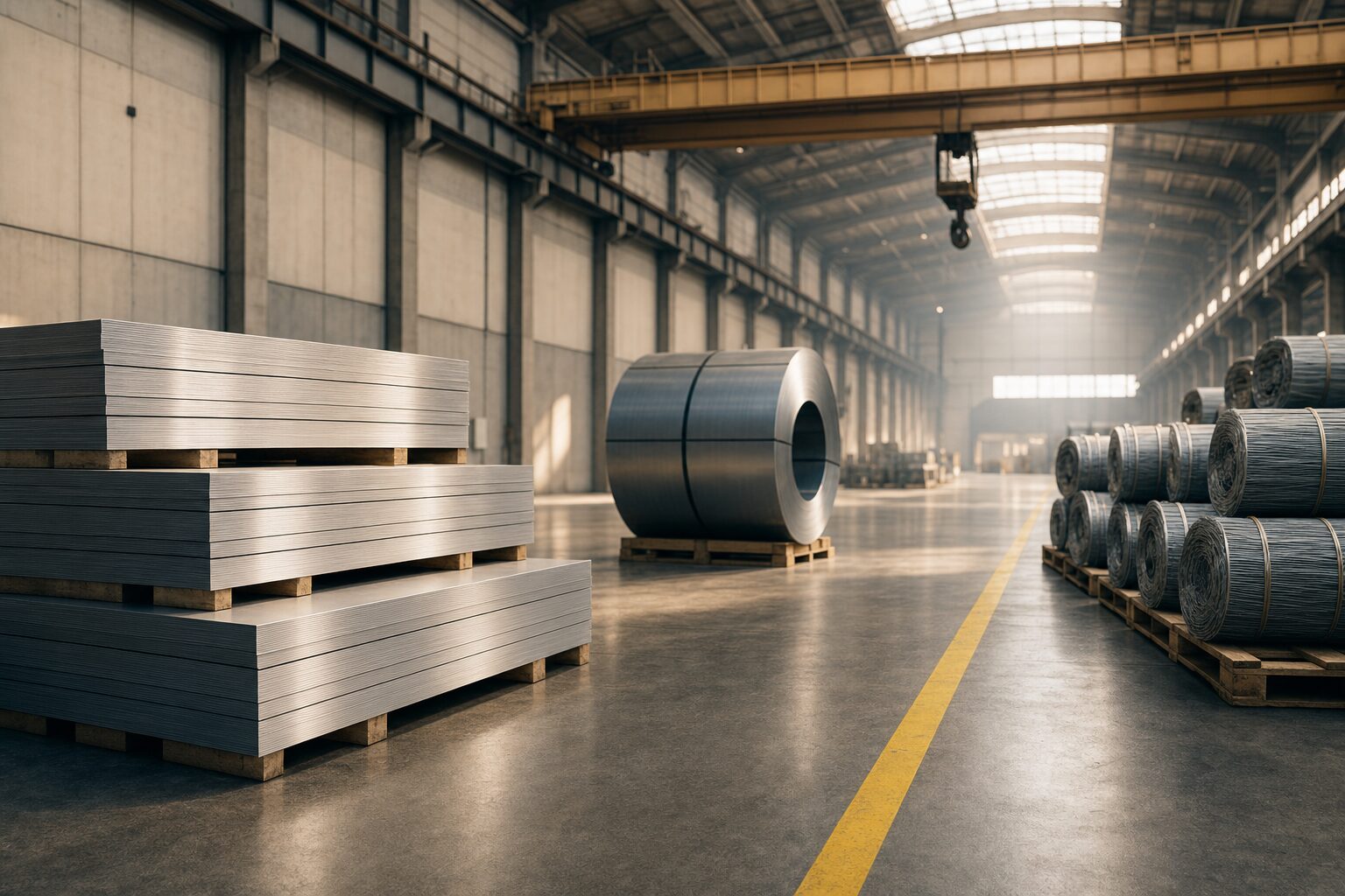 Interior of a Mexican steel and aluminum service center warehouse, with neat stacks of brushed aluminum composite panels and steel wire bundles on pallets in morning light.